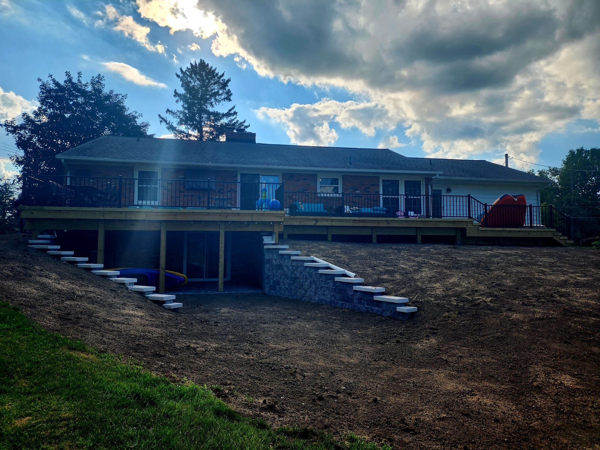 Full Home Length Wood Deck & Retaining Walls